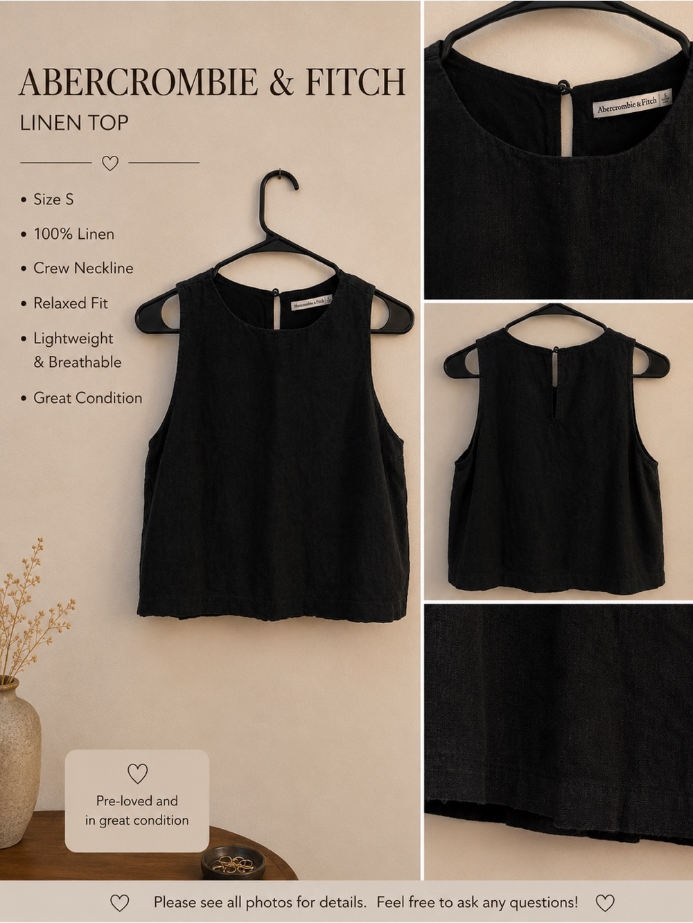 Abercrombie & Fitch Black Linen Crewneck Tank Top
